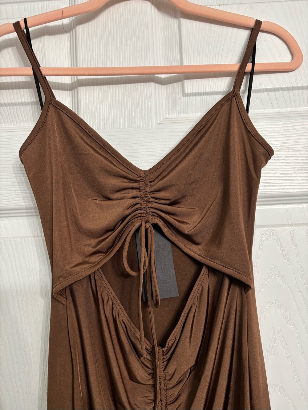 Lovely Day Brown Ruched Cutout Midi Dress - Picture 4 of 5